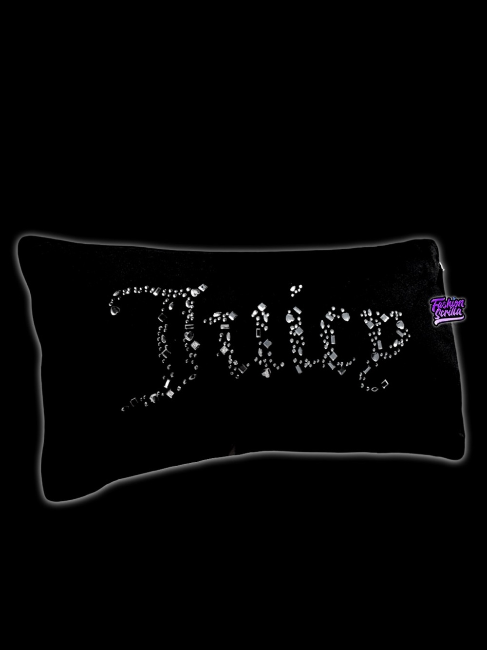 Juicy Couture Velour Black Velvet Silver Big Bling Crystal Heart Gem Logo Pillow